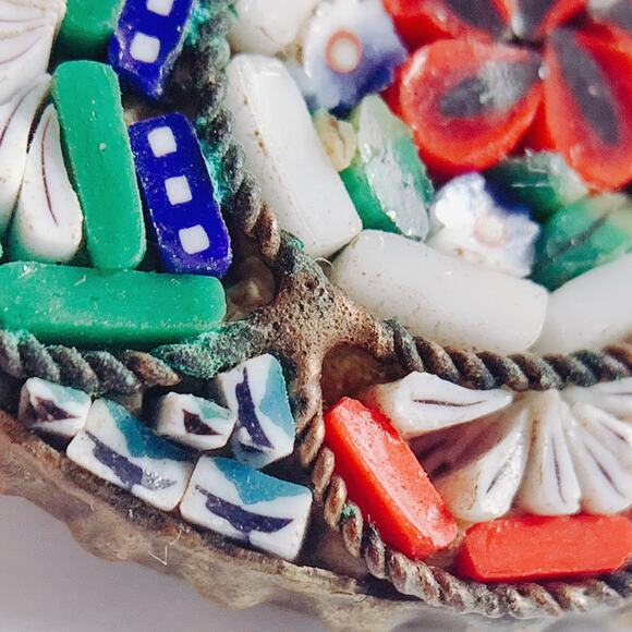 Vintage 1950s Italy Micro Mosaic Glass Floral Oval Brooch Pin Made In Italy MCM - Picture 13 of 14